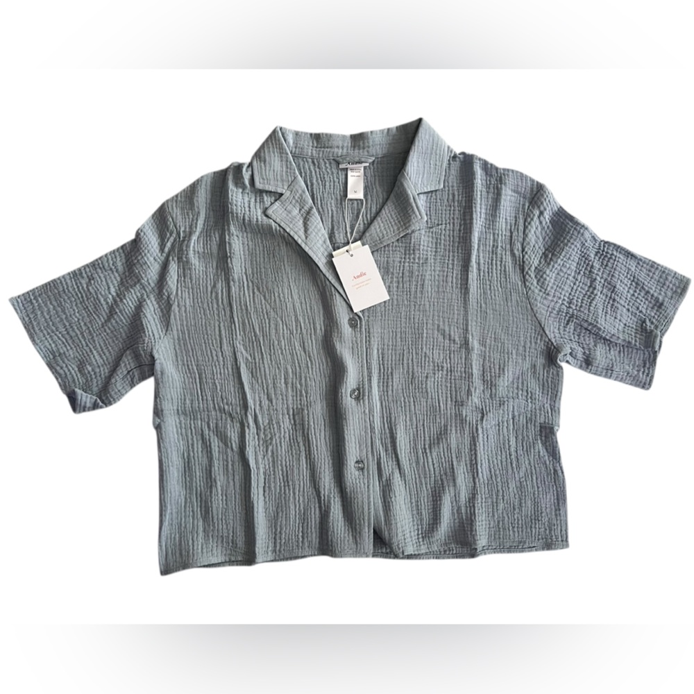 Andie The Margarita Button Up Cotton Shirt Size Medium in Mist Blue - Picture 2 of 5